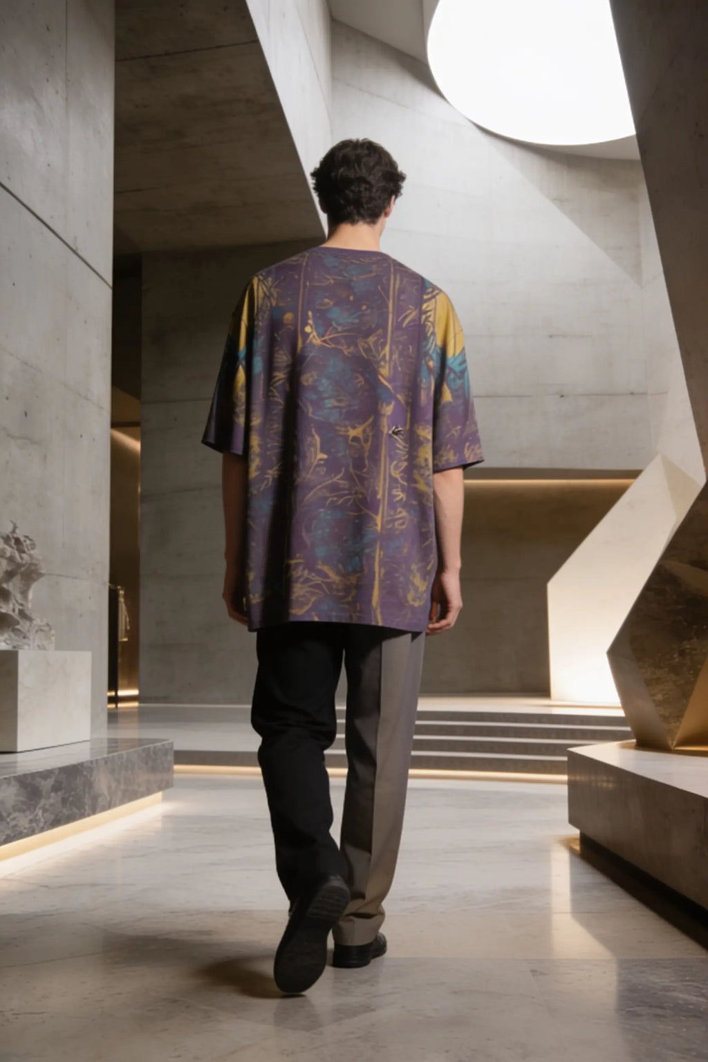Person wearing a patterned shirt walking in a modern architectural setting