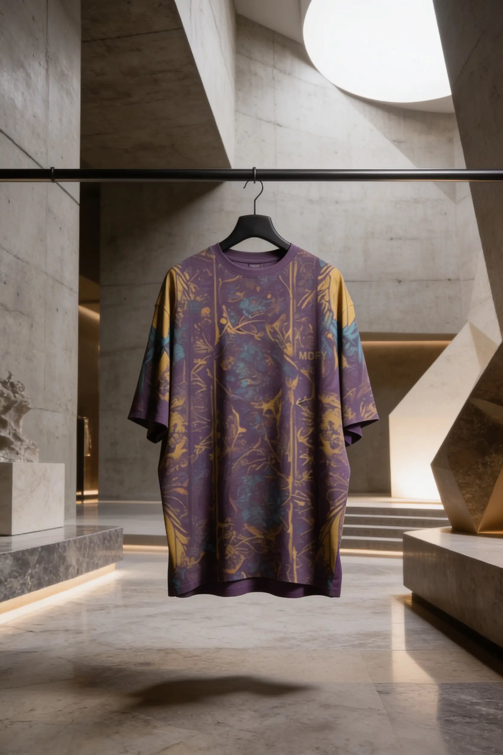 Purple and gold patterned dress hanging in a modern architectural setting
