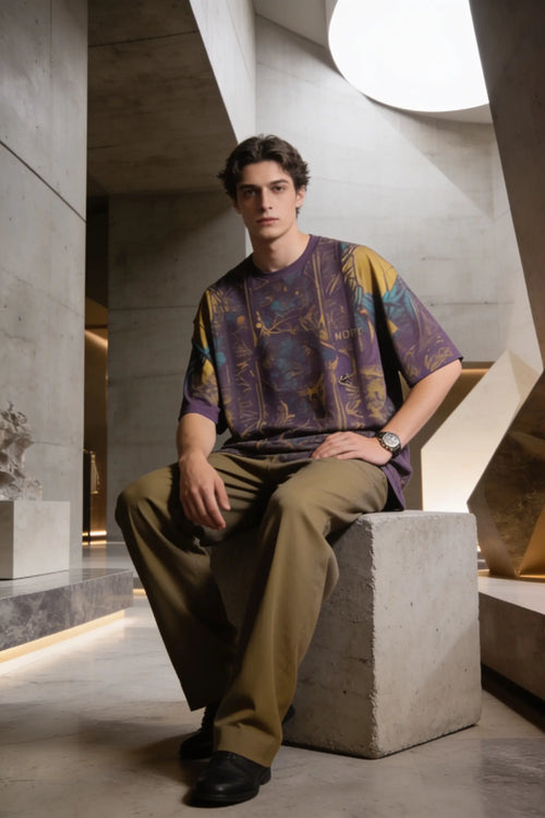 Man sitting on a concrete block in an indoor setting with geometric architecture.