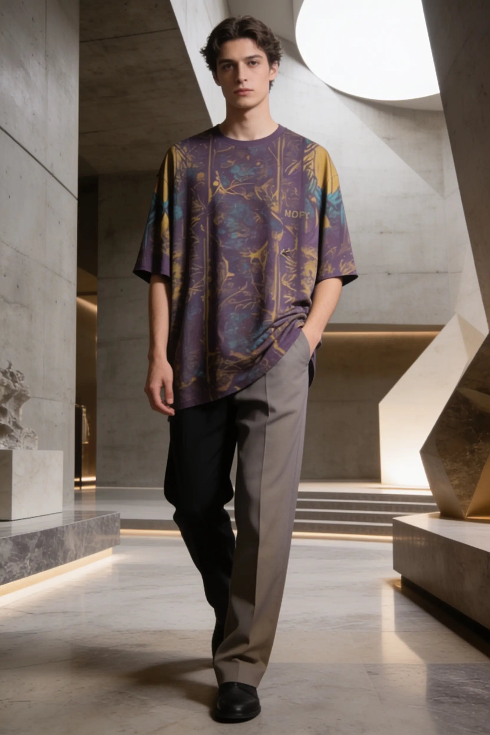 Man wearing a patterned shirt and gray pants in an indoor setting